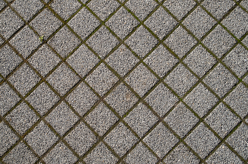 Small cement tiles with moss in the joints