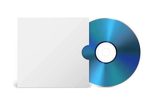 Vector 3d Realistic Blue CD, DVD with Paper Cover, Envelope, Case Isolated. CD Box, Packaging Design Template for Mockup. Compact Disk Icon, Front View