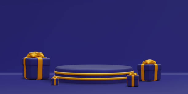 istock 3d realistic blue round podium with gold circle on light background. Scene and platform with gift boxes on light background. Design pedestal for christmas. Vector illustration 1443317235