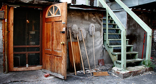 istock Backyard, door opened and mops on the wall 144331850