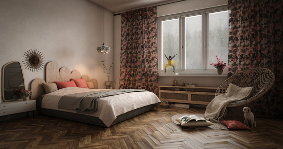 Digitally generated cozy and warm Scandinavian style owner's bedroom interior design.

The scene was rendered with photorealistic shaders and lighting in Autodesk® 3ds Max 2023 with V-Ray 6 with some post-production added.