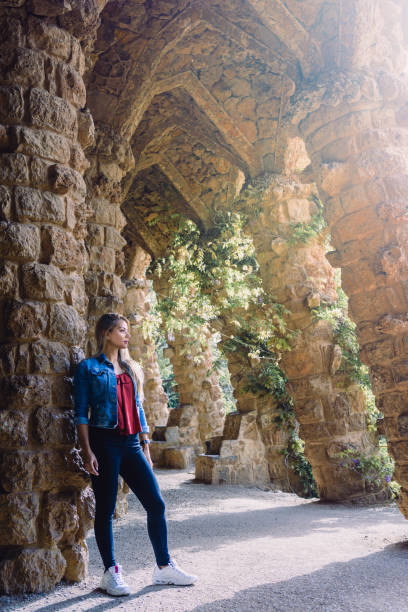 young tourist woman in barcelona stock photo