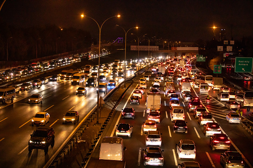 Traffic on highway in Istanbul at night