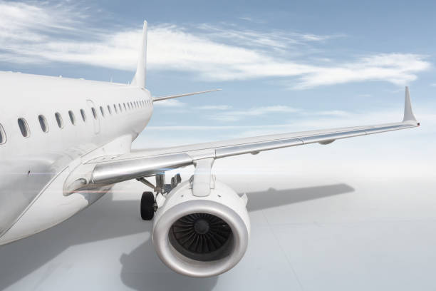 istock White passenger airplane isolated on bright background with sky 1443319977