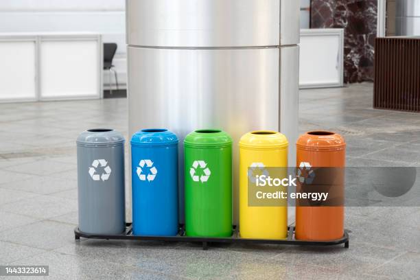 Colored Trash Containers For Garbage Separation Stock Photo - Download Image Now - Recycling, Shopping Mall, Blue