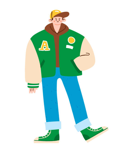 ilustraciones, imágenes clip art, dibujos animados e iconos de stock de chico elegante con una chaqueta universitaria, jeans, zapatillas de deporte y gorra de béisbol. - chaqueta letterman