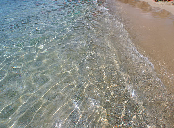 This is a picture of the clear greek water crashing on the shore of Kalo Livadi beach on the island of Mykonos, Greece.