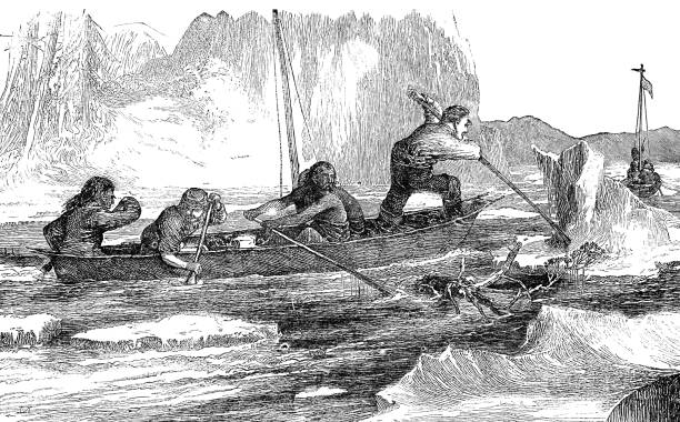 Men breaking up ice as they journey up the Yukon River in Alaska, USA. Vintage etching circa 19th century.
