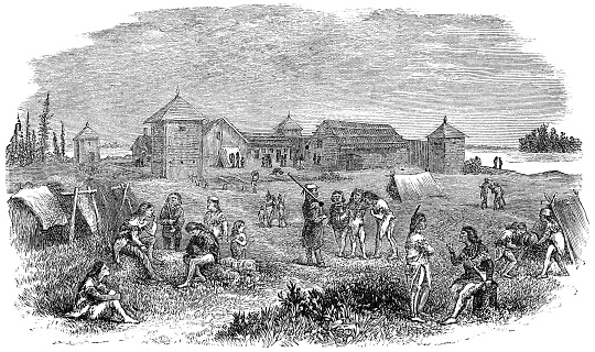 The trading post of Fort Yukon in Alaska, USA. Vintage etching circa 19th century. Later it would become a city.