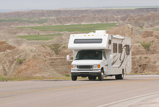 RV class C climbing scenic mountain road in the Badlands