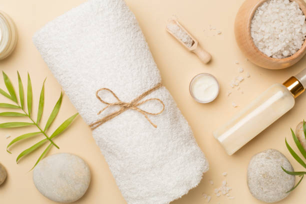 istock Composition with spa products on color background, top view 1443328836