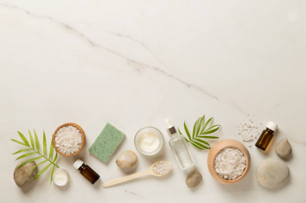 istock Composition with spa products on marble background, top view 1443328874