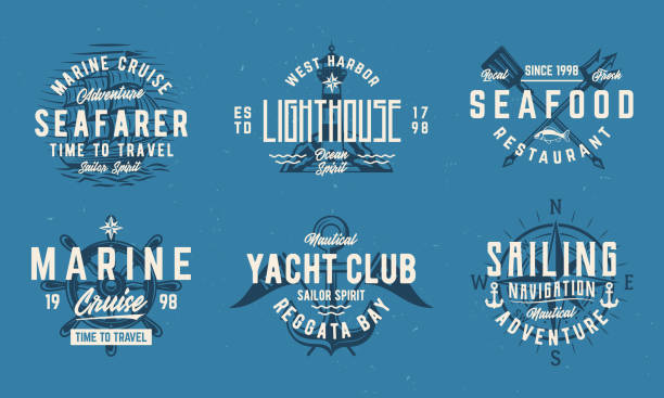 ilustraciones, imágenes clip art, dibujos animados e iconos de stock de náutica, conjunto de símbolos del mar. 6 emblemas marinos con iconos de ancla, barco, rueda, brújula. diseño hipster. etiquetas marinas, marítimas. emblema, plantillas de carteles. ilustración vectorial - embarcación marina