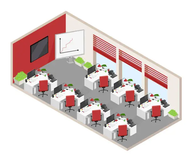 Vector illustration of Vector isolated isometric open-plan office with objects and furniture. Red, white and gray colors.
