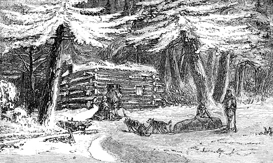 A remote hunting cabin in the wilderness of the Yukon, Canada. Vintage etching circa 19th century.