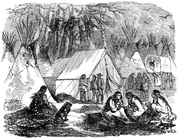 A fur traders camp in northern Alberta, Canada. Vintage etching circa 19th century.