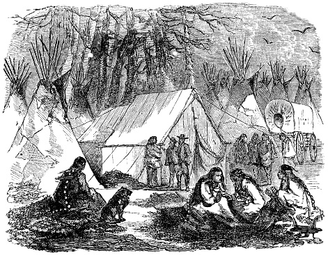 A fur traders camp in northern Alberta, Canada. Vintage etching circa 19th century.