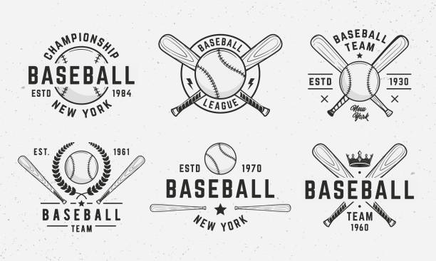 野球のエンブレム、シンボル、バッジのテンプレート。6つの野球シンボルのセット。白い背景に野球のエンブレムとバットとボール。 野球チームのベクター画像エンブレム - baseballs点のイラスト素材／クリップアート素材／マンガ素材／アイコン素材