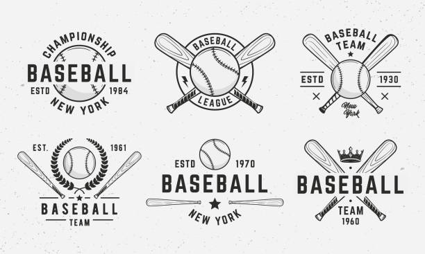 Baseball emblems, symbols, badges templates. Set of 6 baseball symbols. Baseball emblems with bats and ball isolated on white background.  Baseball team vector emblems Vector illustration baseball bat stock illustrations