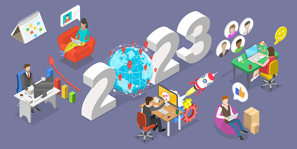 3D Isometric Flat Vector Conceptual Illustration of New Year 2023 And IT Outsourcing Trends, Company Remote Management