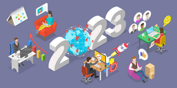 3D Isometric Flat Vector Conceptual Illustration of New Year 2023 And IT Outsourcing Trends vector art illustration