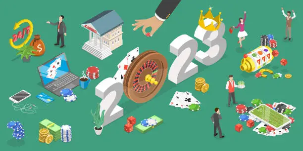 Vector illustration of 3D Isometric Flat Vector Conceptual Illustration of New Year 2023 And Online Casino Industry Trends