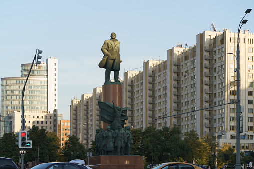 Moscow, Russia - September 23, 2020: Vladimir Lenin statue on Kaluzhskaya Square. He was the leader of  the Great October Socialist Revolution or Bolshevik Revolution. Photography in autumn sunny day