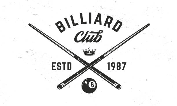 illustrazioni stock, clip art, cartoni animati e icone di tendenza di modello per logo del club di biliardo. logo del biliardo. stecche da biliardo incrociate con palla e corona isolate su sfondo bianco. emblema vettoriale - pool game