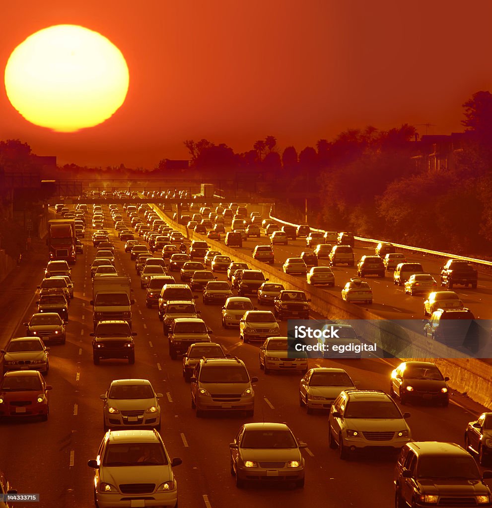 Traffic jam in Los Angeles at sunset Heat - Temperature Stock Photo