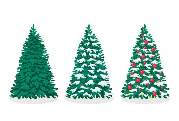 Vector illustration of Set of christmas tree silhouette with decorations, vector illustration isolated on white background, template for design, greeting card, invitation.