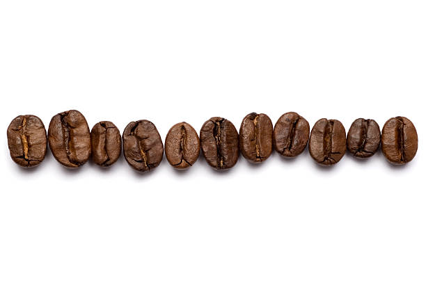 Coffee beans spilled onto a white background.