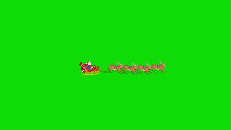 Santa Claus and and reindeer on green screen. The concept of happy new year, gift box, moon, greeting, animal sleigh, deer, holiday, greeting card, character animation, fairy tale, illustration, chroma key, sled, silhouette, merry christmas, isolated