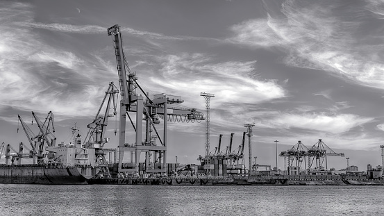 Cranes in sea cargo port high contrast black and white view at sunny day. Industrial theme black and white artistic image