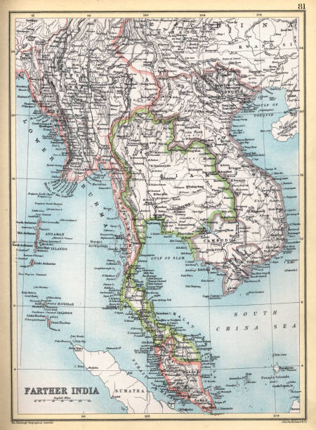 Old Antique map of Farther India, Burma, Siam, Malay, Vietnam, 1890s, Victorian 19th Century  history vector art illustration