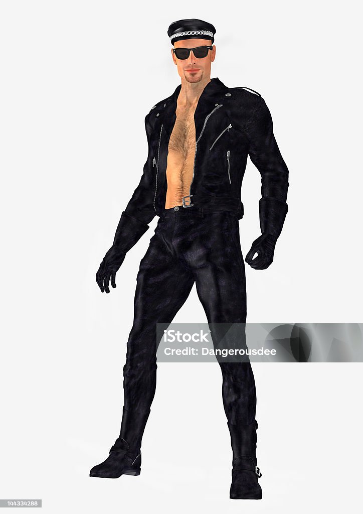 Biker and Leather 3D render of a biker wearing a black leather ensemble of jacket, pants, boots, gloves, and hat. This model is bald and but can have hair photoshopped onto it. Gay Person Stock Photo