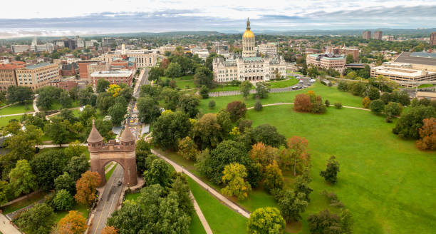 Connecticut State Capitol in Hartford Aerial View stock photo