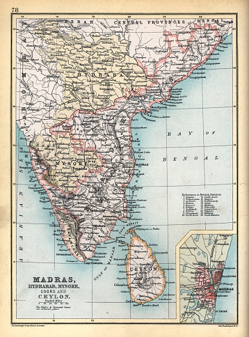 Antique map of Madras, Hybrabad, Mysore, Coorg, Ceylon, India, 1890s, Victorian British Raj 19th Century