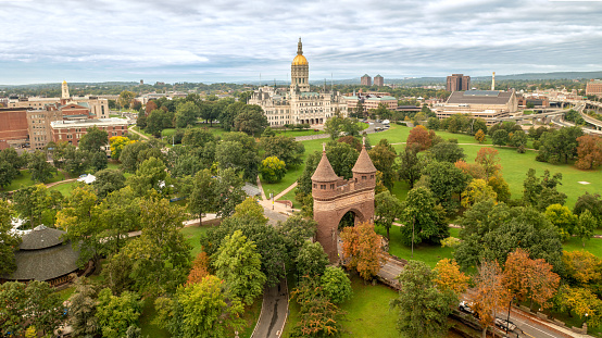 Aerial view of the Connecticut State Capitol Building and Bushnell Park in Hartford