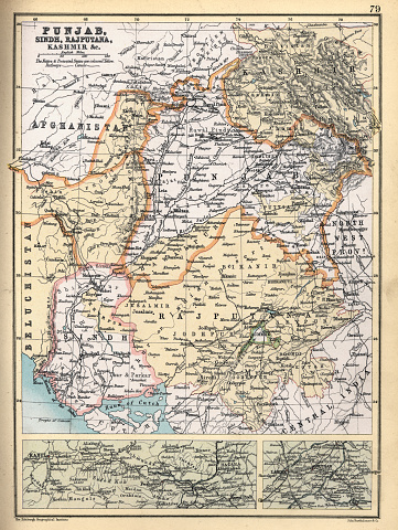 Antique map of Punjab, Sindh, Rajputana, Kashmir, 1890s, Victorian 19th Century