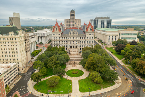 Aerial closeup of the Louisiana State Capitol Building and welcome center in Baton Rouge