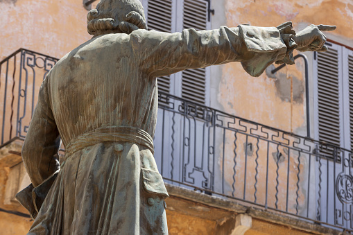 bronze statue of Jean-Pierre Gaffory (1704-1753), a Corsican patriot, made by sculptor Adelbert in 1901, in the center of Corte; Corte, Corsica