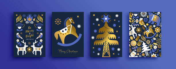 ilustrações de stock, clip art, desenhos animados e ícones de christmas nordic folk gold luxury animal card set - xmas toys snowflake