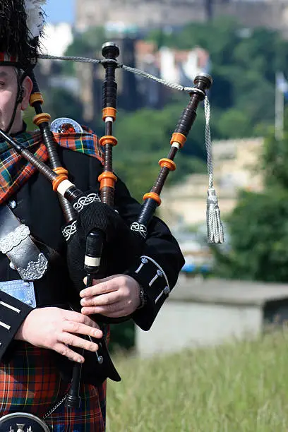 Picture focusing on a bagpiper hands playing of his instrument in 