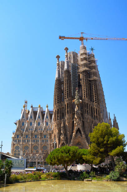 Facade of the Sagrada Familia on a summer day.