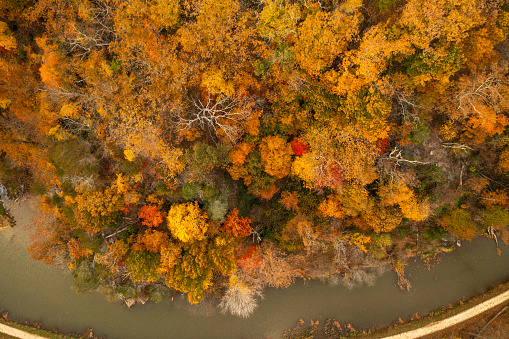 Aerial View of the Potomac River and C&O Canal with Fall Colors at Dusk Sunset in Maryland.