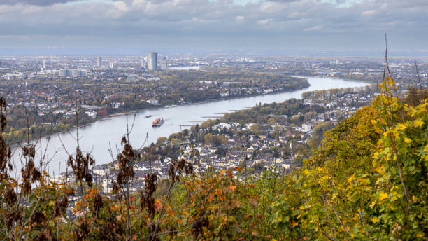 Königswinter, Germany - Nov 9th 2022: Drachenfels mountain in Bonn gives a beautiful view over Rhine river. Hence it's a famous destination for hiking and outdoor activities.