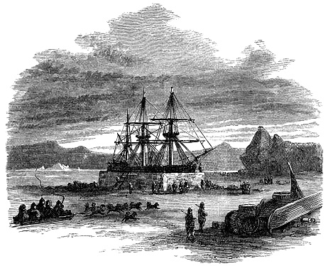 The George Henry whaling ship laid up for the winter at Baffin Island, Canada. Vintage etching circa 19th century.