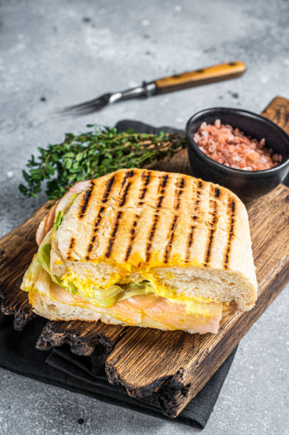 geröstetes panini-sandwich mit prosciutto-schinken und käse. grauer hintergrund. draufsicht - mozzarella tomato sandwich picnic stock-fotos und bilder