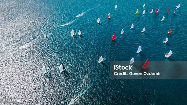 Aerial View Of Sailing Race International Sailing Race Sailing Race In The Bosphorus Water Sports Competition Global Competitions Summer Sports Events Summer Events Grand Tournament Aerial View Of Boats In The Bosphorus Stock Photo - Download Image Now