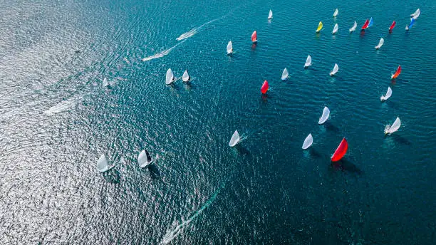 Photo of Aerial view of sailing race, international sailing race, sailing race in the Bosphorus, water sports competition, global competitions, summer sports events, summer events, grand tournament, aerial view of boats in the Bosphorus